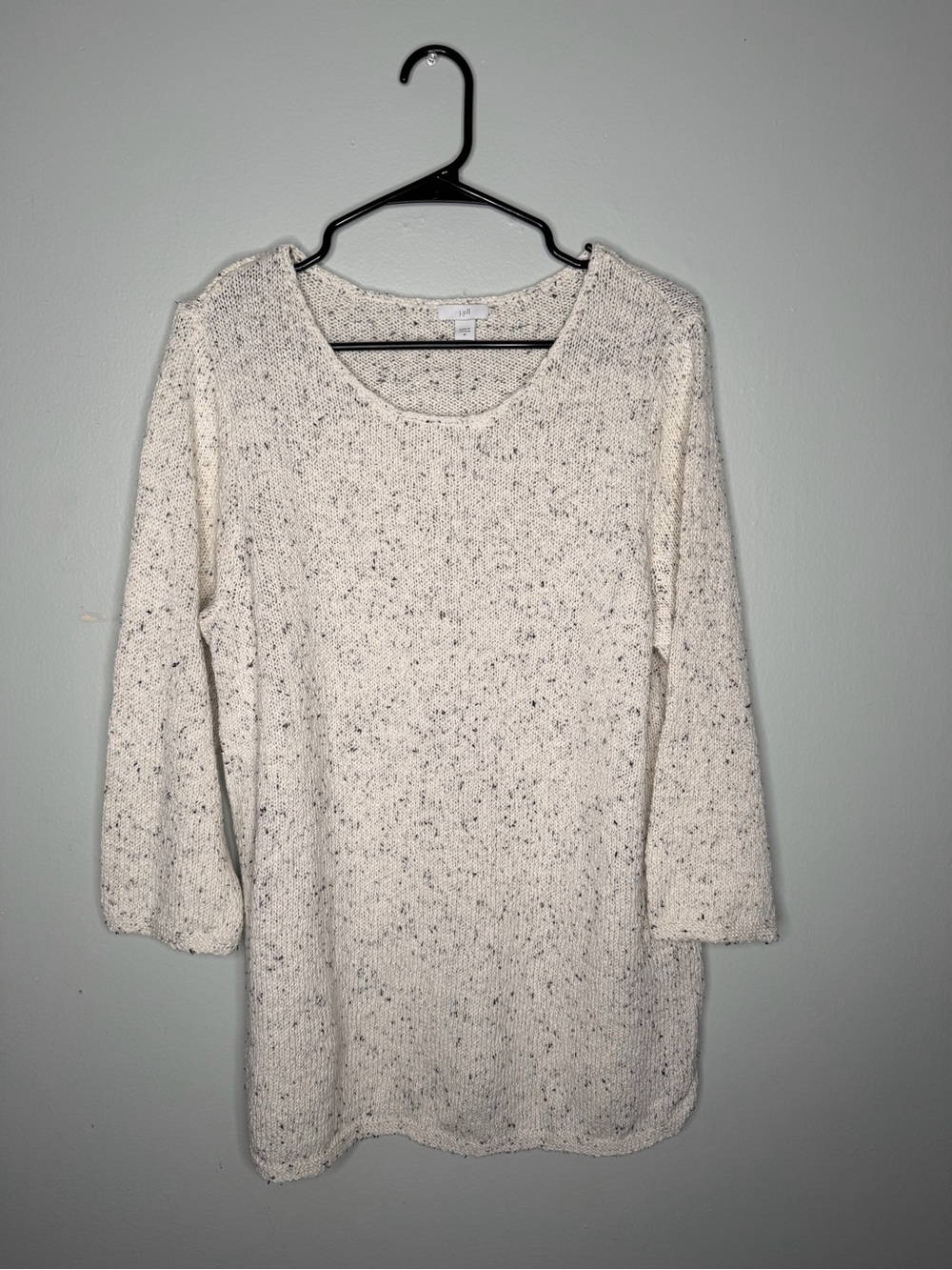 J Jill Women's Tunic Sweater Knit Speckled 3/4 Sleeve scoop neck (M) white gray